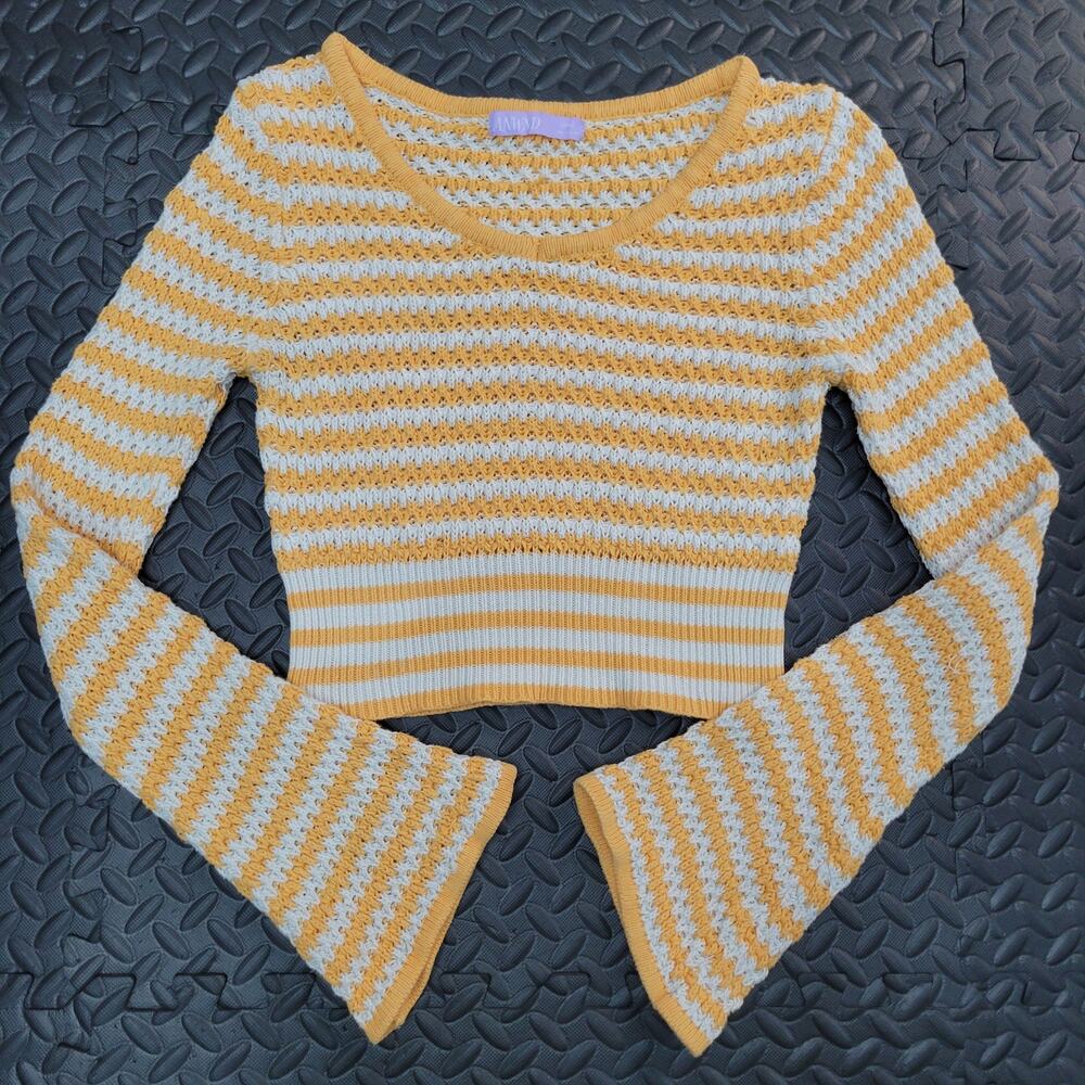 ANWND Sweater Womens Large Yellow Striped Crochet Knit Crop Bell Sleeve Boho